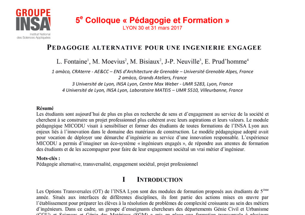 Proposition de communication dans le cadre du 5ème colloque Pédagogie et Formation organisé par l’INSA Lyon en 2017.