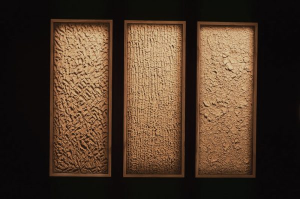 Tableaux texturés, réalisés pour l’exposition « Ma Terre première » © Daniel Duchert